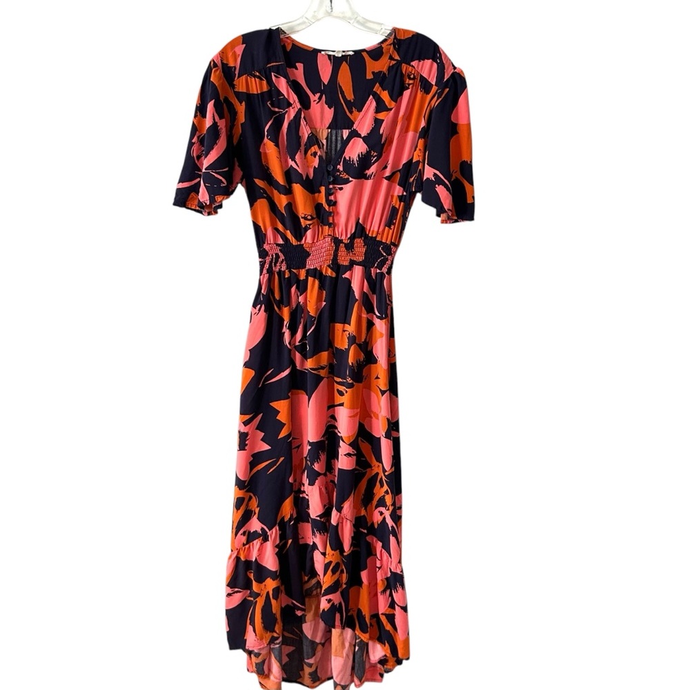 Abel the Label Women's Navy/Pink/Orange Clare Floral Midi Dress in Size‎ M